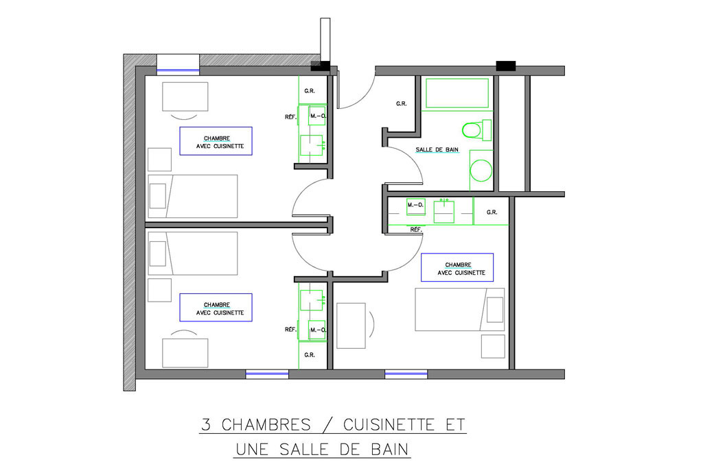 Chambre individuelle avec cuisinette dans trois unités de chambres